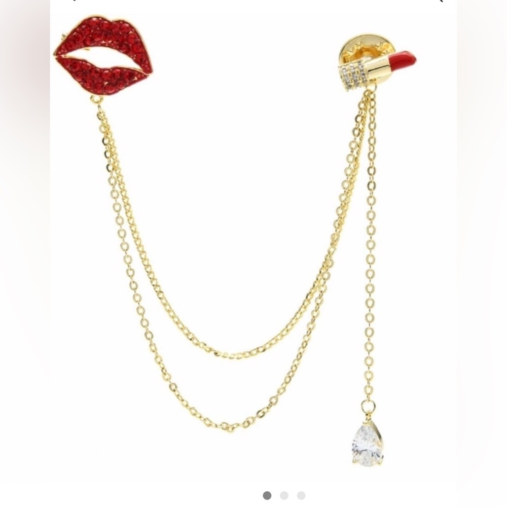 Red Lips and Lipstick Gold Chain Brooch